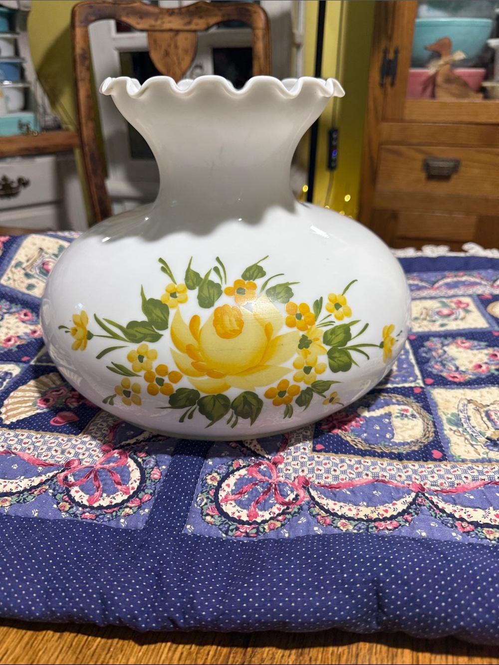 Vintage milk glass painted floral  hurricane lamp shade parlor 10” fitter